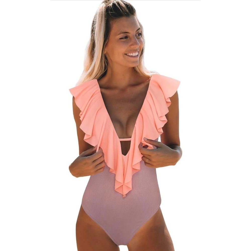 Sporti Women’s Pink Ruffle One Piece Swimsuit Boho Bathing Suit L colorblock